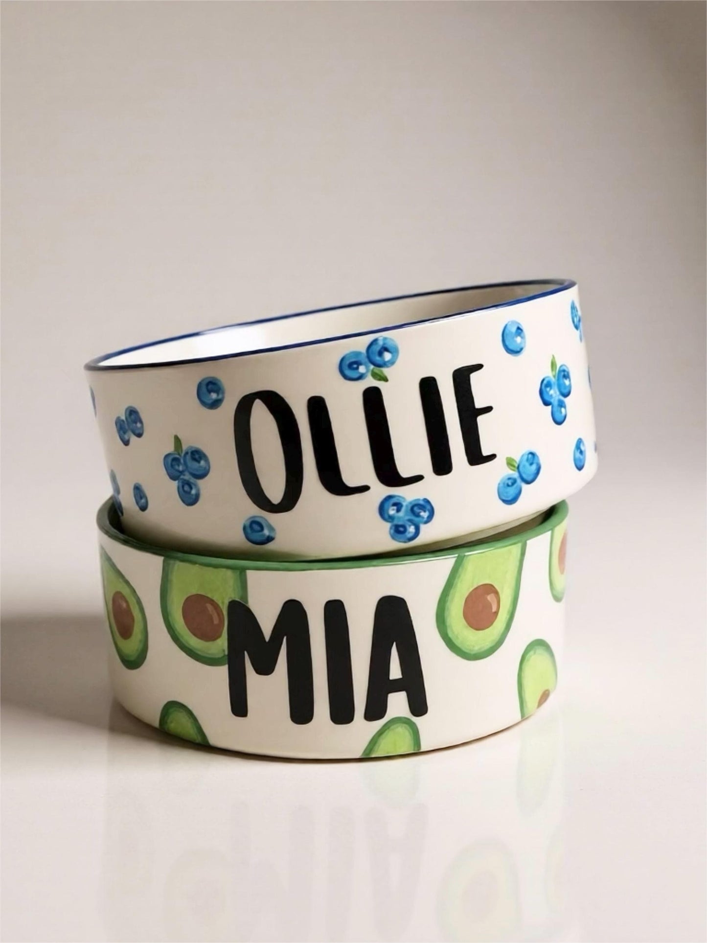 Personalized Hand-Painted Ceramic SMALL Dog and Cat Bowl Set: Fruit Design, Custom Name