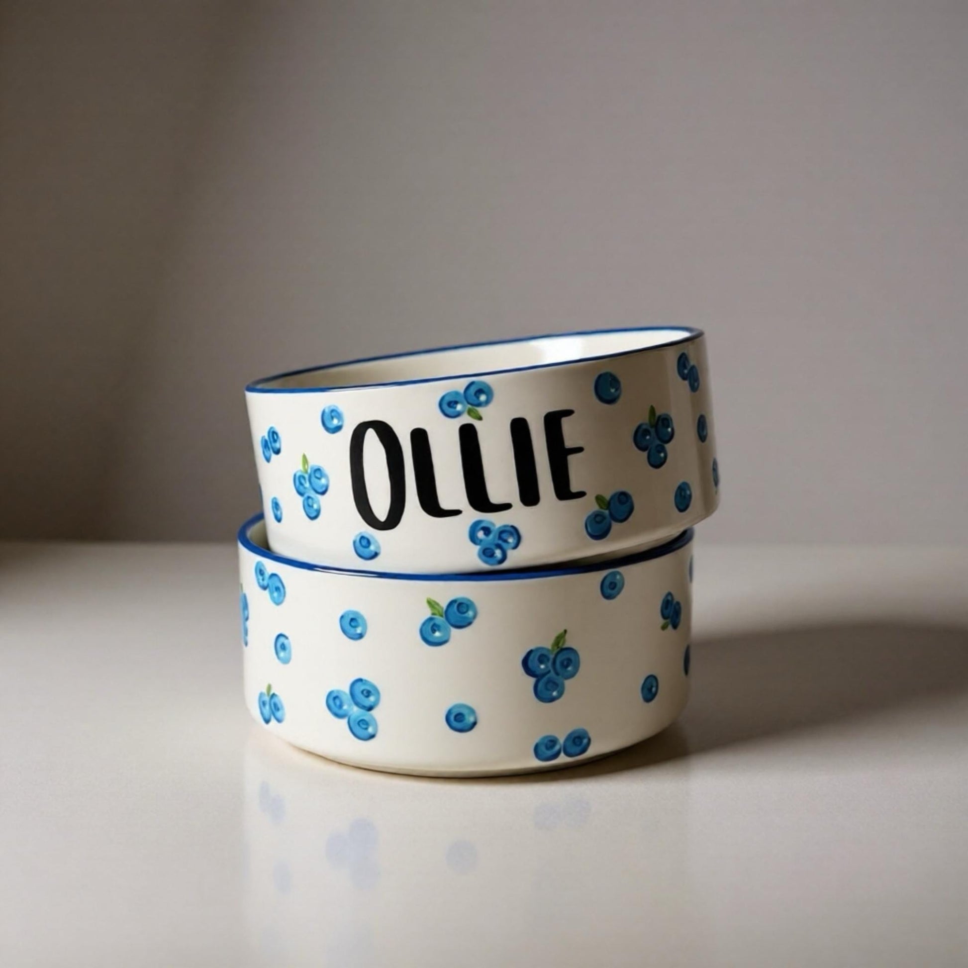Personalized & Hand-painted Blueberry Pet Bowl Set SMALL with Treat Jar Bundle: Custom Pet Gift