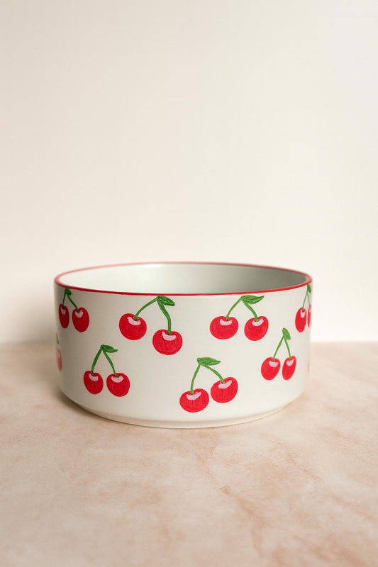 Hand-Painted Cherry Dog Bowl | Ceramic Food & Water Dish | Fun Pet Feeding Bowl