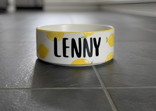 Custom Lemon Dog Bowl | Hand-Painted Ceramic Pet Dish with Personalized Name, Cute Yellow Fruit Design