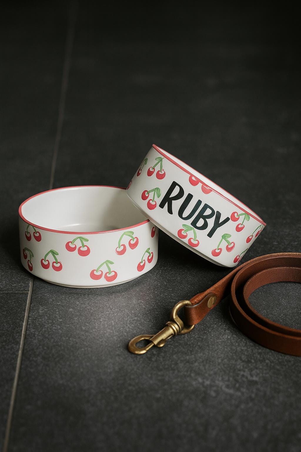 Personalized Hand-Painted Ceramic Pet Bowl Set: Cherry Design