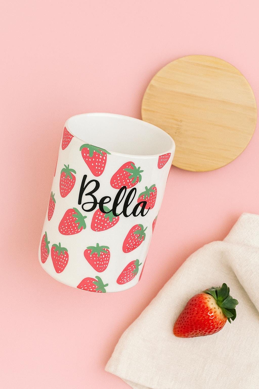 Small Personalized Strawberry Dog Treat Jar | Hand-Painted Ceramic Pet Treat Canister, Custom Pet Gift