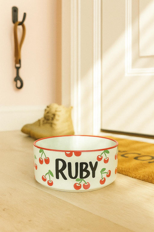 Personalized Hand-Painted Ceramic Pet Bowl: Cherry Design