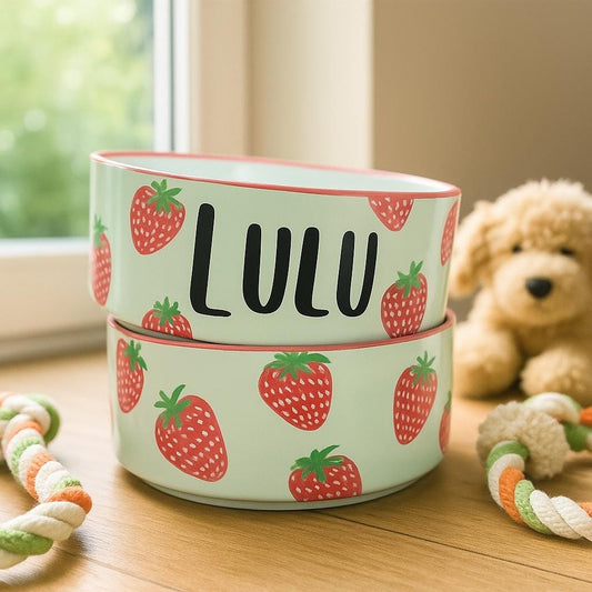 Personalized Hand-Painted Strawberry Pet Bowl Set: Custom Ceramic Food & Water Dish