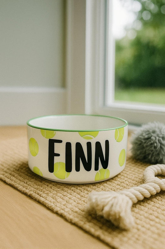 Personalized Hand Painted Pet Bowl with Tennis Balls: Hand-Painted Ceramic Food or Water Dish