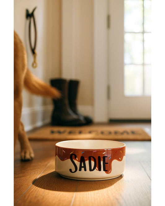 Personalized Donut with Sprinkles Pet Bowl | Hand-Painted Ceramic Food & Water Dish | Custom Dog Bowl