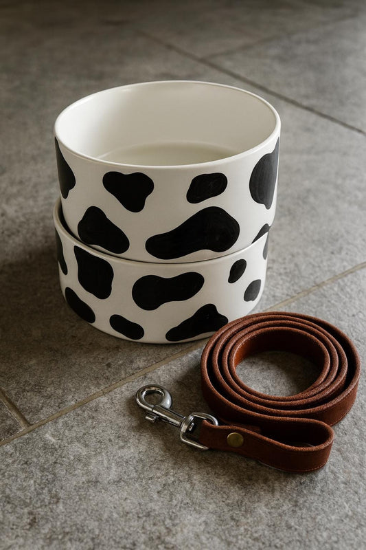Cow Print Dog Bowl Set | Ceramic Food & Water Dish | Hand Painted Pet Feeding Set | Gift for Dog Lover
