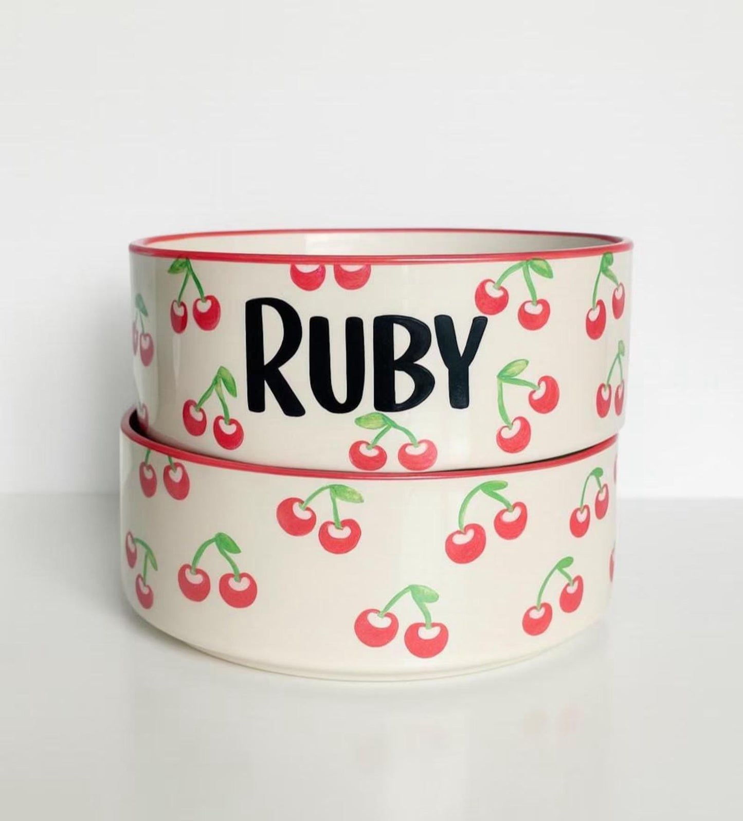 Personalized Hand-Painted Ceramic Pet Bowl Set: Cherry Design