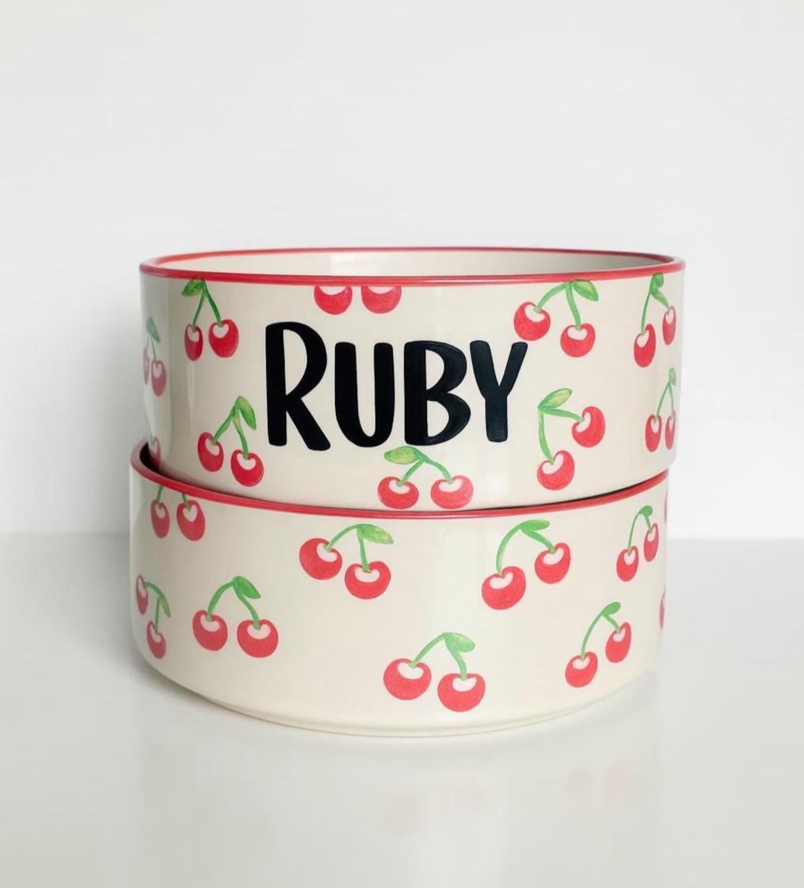 Personalized Hand-Painted Ceramic Pet Bowl Set: Cherry Design