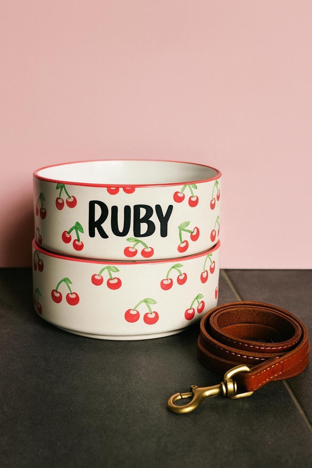 Personalized Hand-Painted Ceramic Pet Bowl Set: Cherry Design