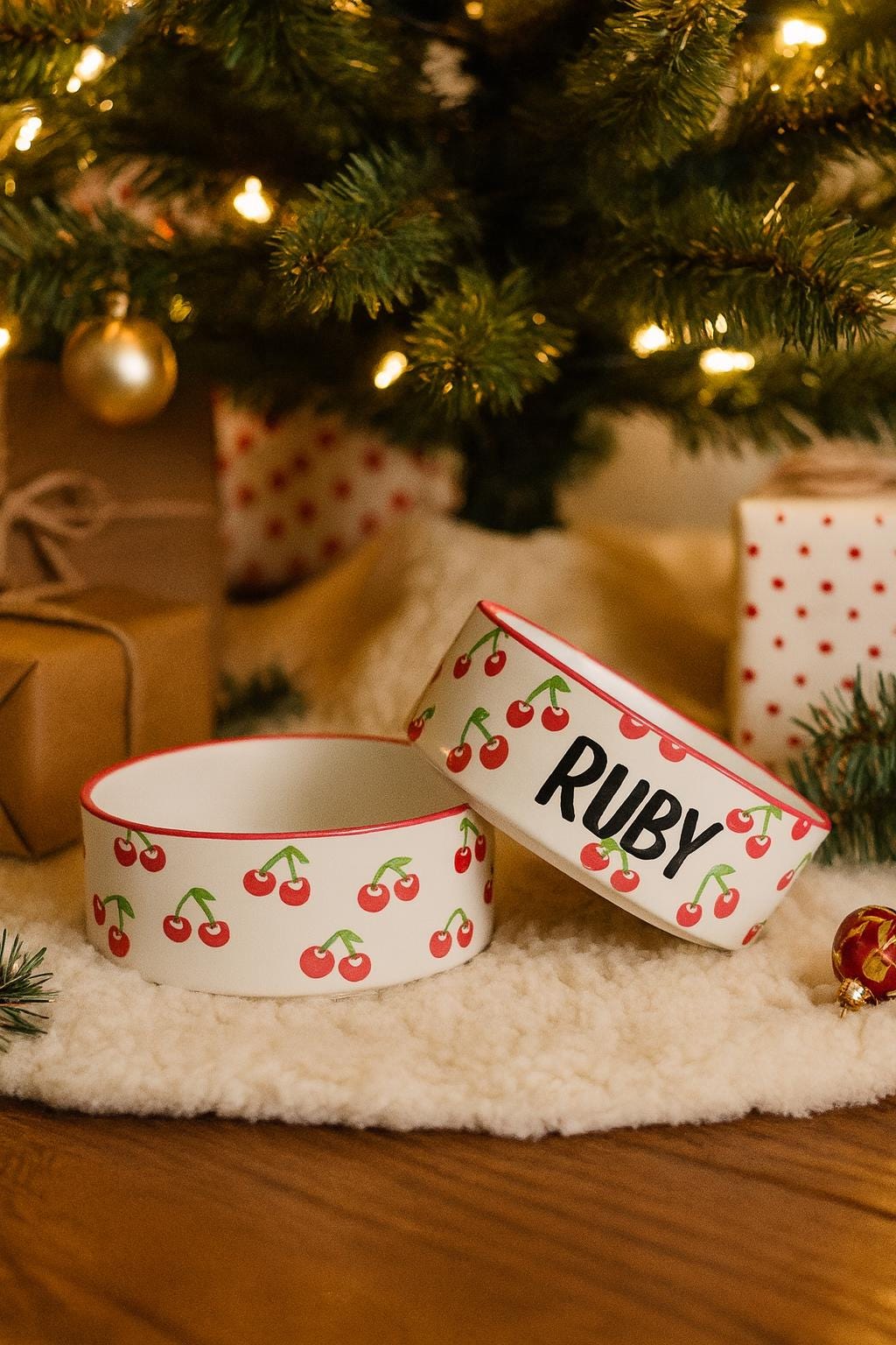 Personalized Hand-Painted Ceramic Pet Bowl Set: Cherry Design