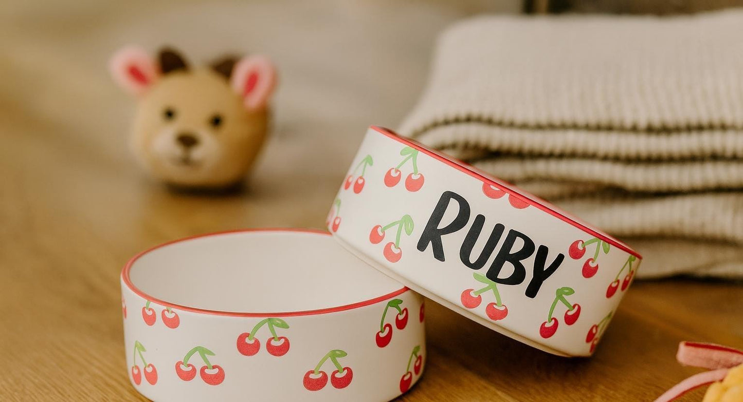 Personalized Hand-Painted Ceramic Pet Bowl Set: Cherry Design