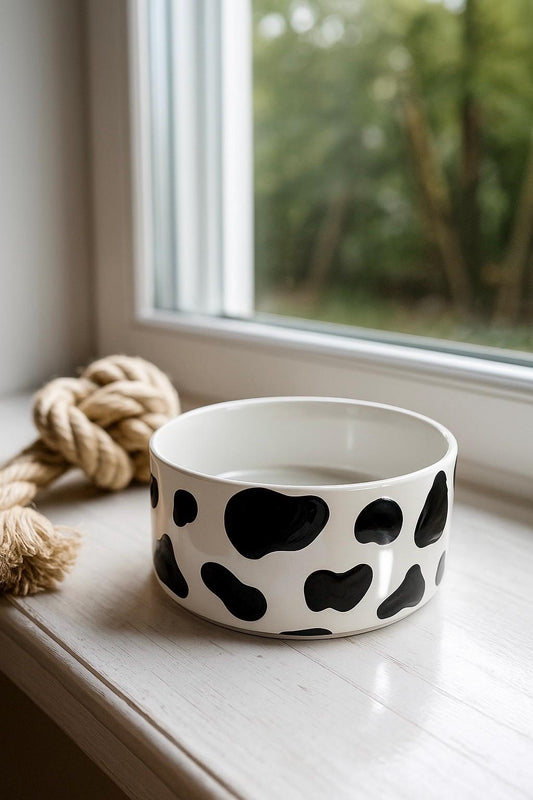 Cow Print Dog Bowl | Hand-Painted Ceramic Food or Water Dish | Modern Farmhouse Pet Bowl Gift