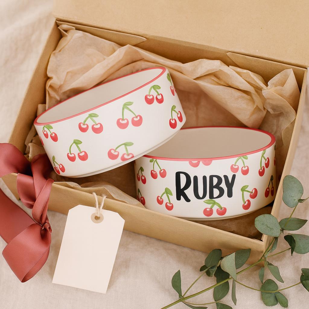 Personalized Hand-Painted Ceramic Pet Bowl Set: Cherry Design