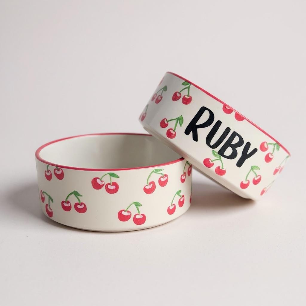 Personalized Hand-Painted Ceramic Pet Bowl Set: Cherry Design
