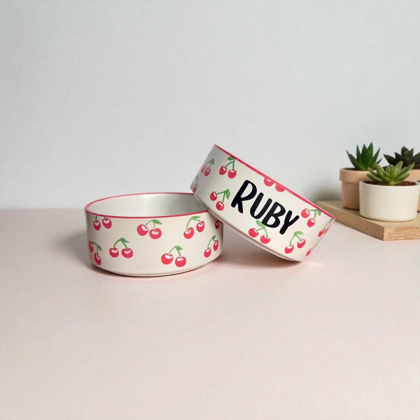 Personalized Hand-Painted Ceramic Pet Bowl Set: Cherry Design
