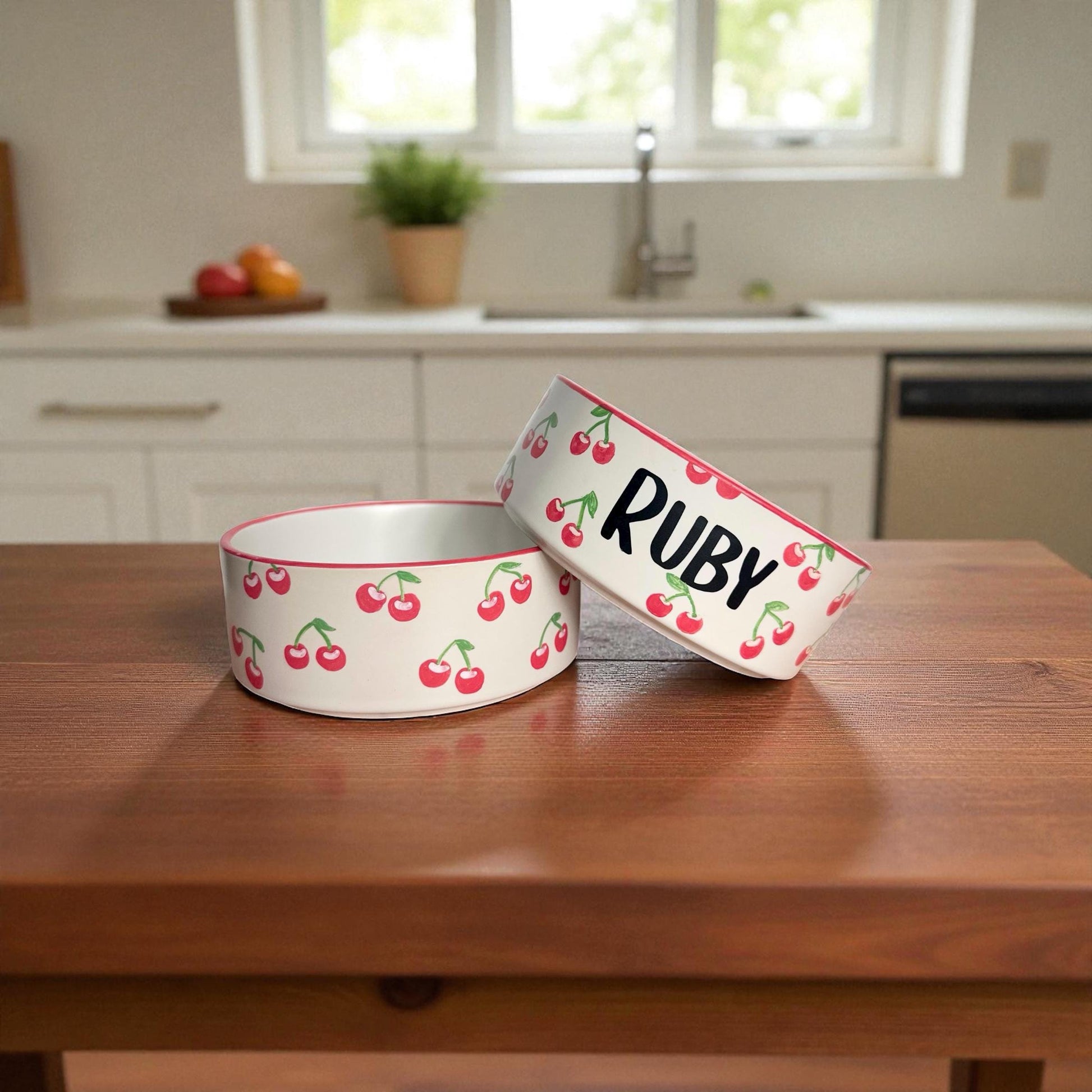 Personalized Hand-Painted Ceramic Pet Bowl Set: Cherry Design