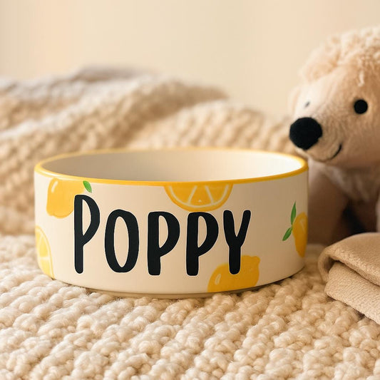 Personalized Lemon Pet Bowl: Hand-Painted Ceramic Food or Water Dish