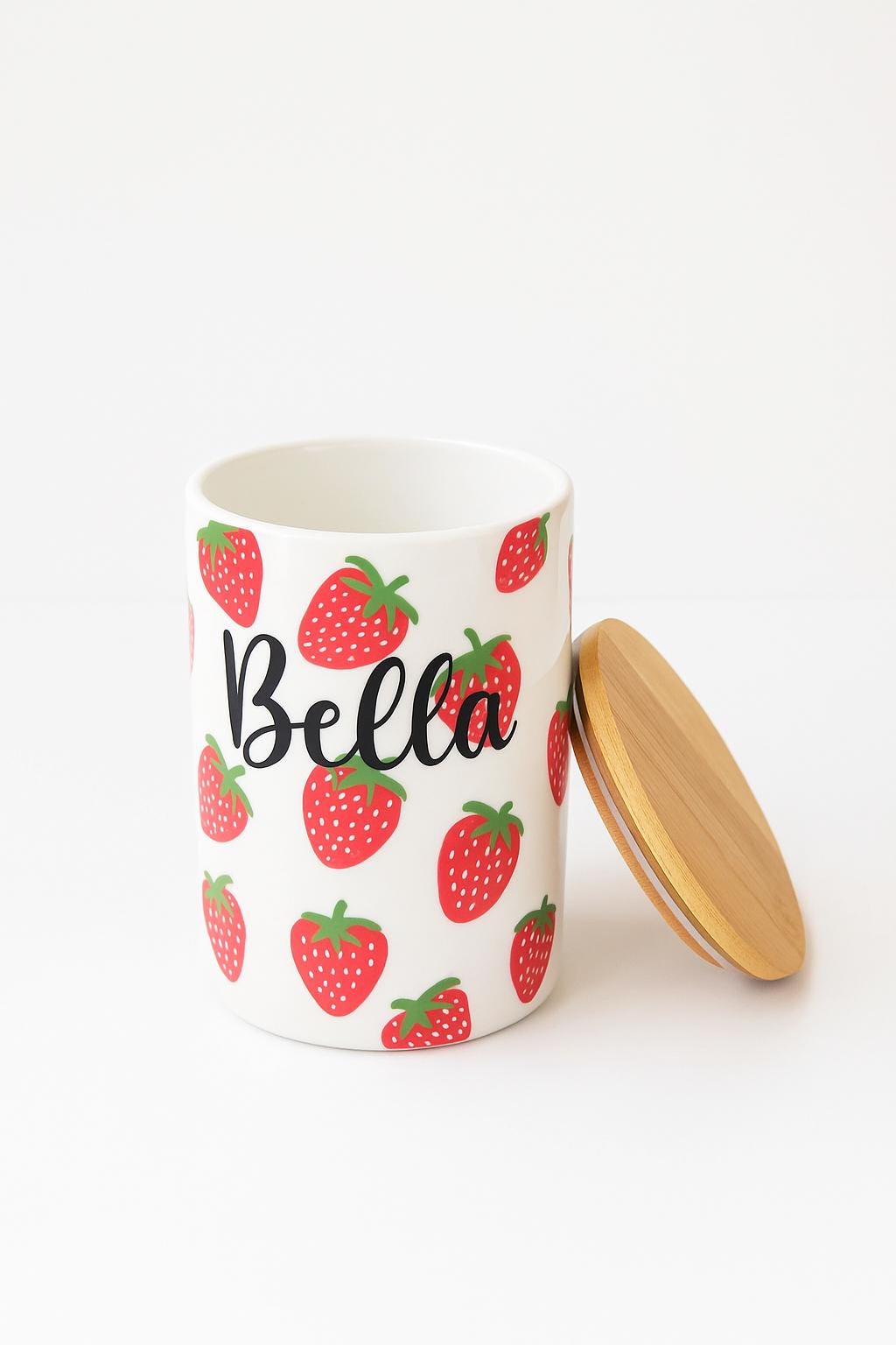 Small Personalized Strawberry Dog Treat Jar | Hand-Painted Ceramic Pet Treat Canister, Custom Pet Gift