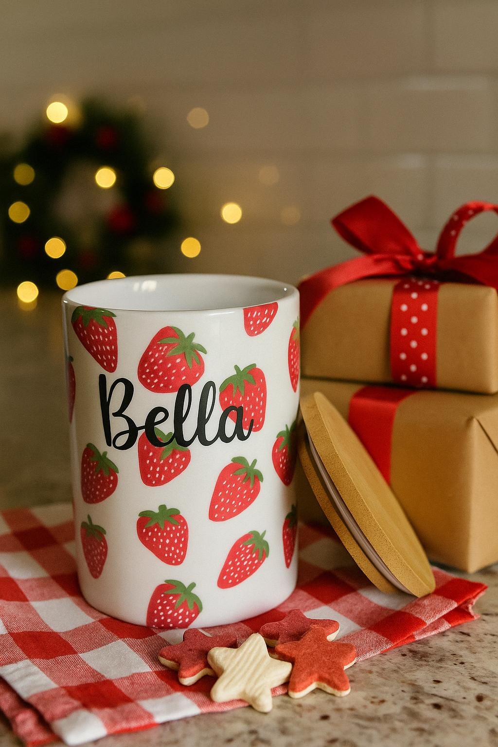 Small Personalized Strawberry Dog Treat Jar | Hand-Painted Ceramic Pet Treat Canister, Custom Pet Gift