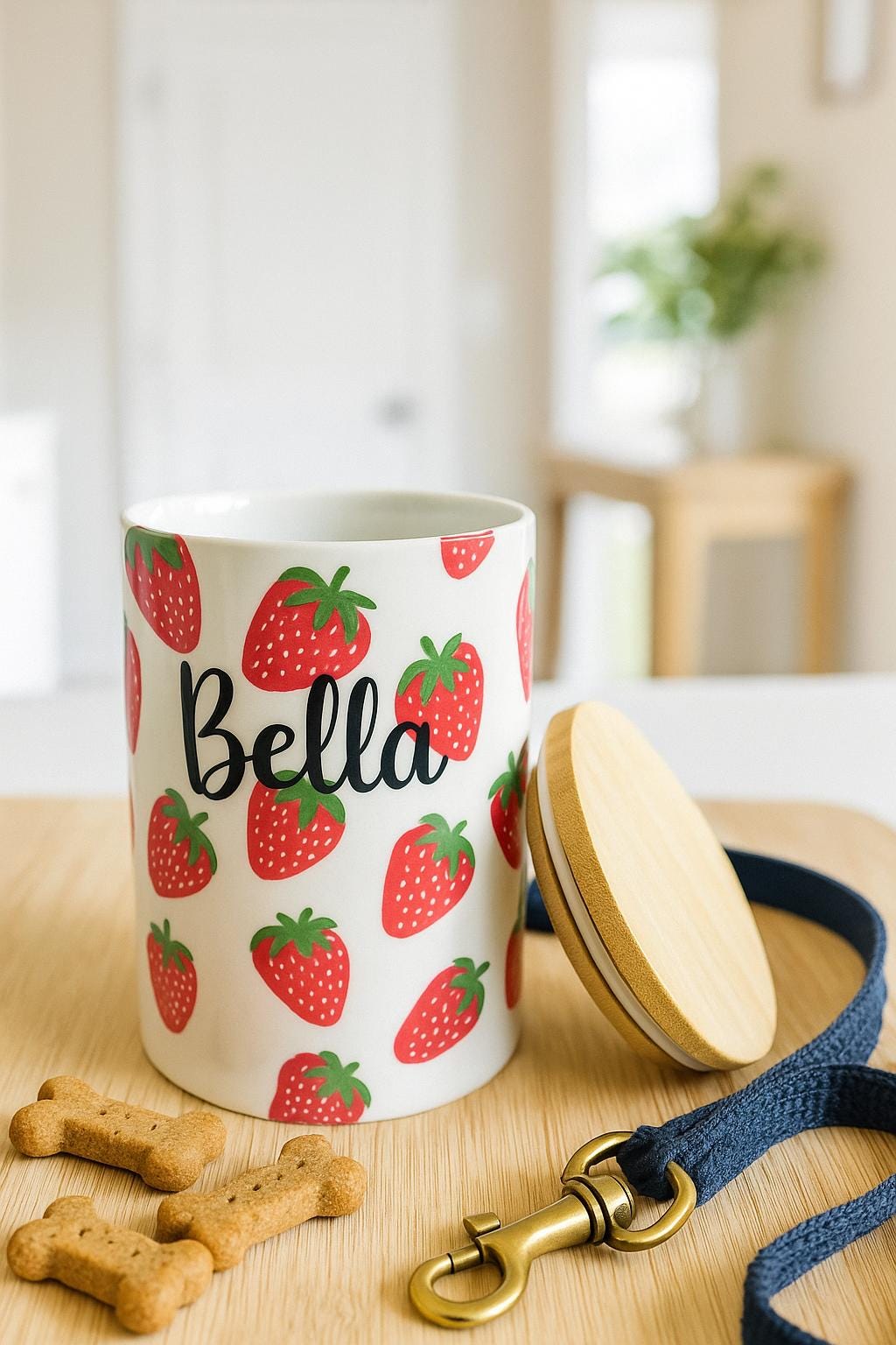 Personalized Hand-Painted Strawberry Pet Treat Jar | Small Ceramic Dog or Cat Food Storage, Custom Name Gift for Pet Lover