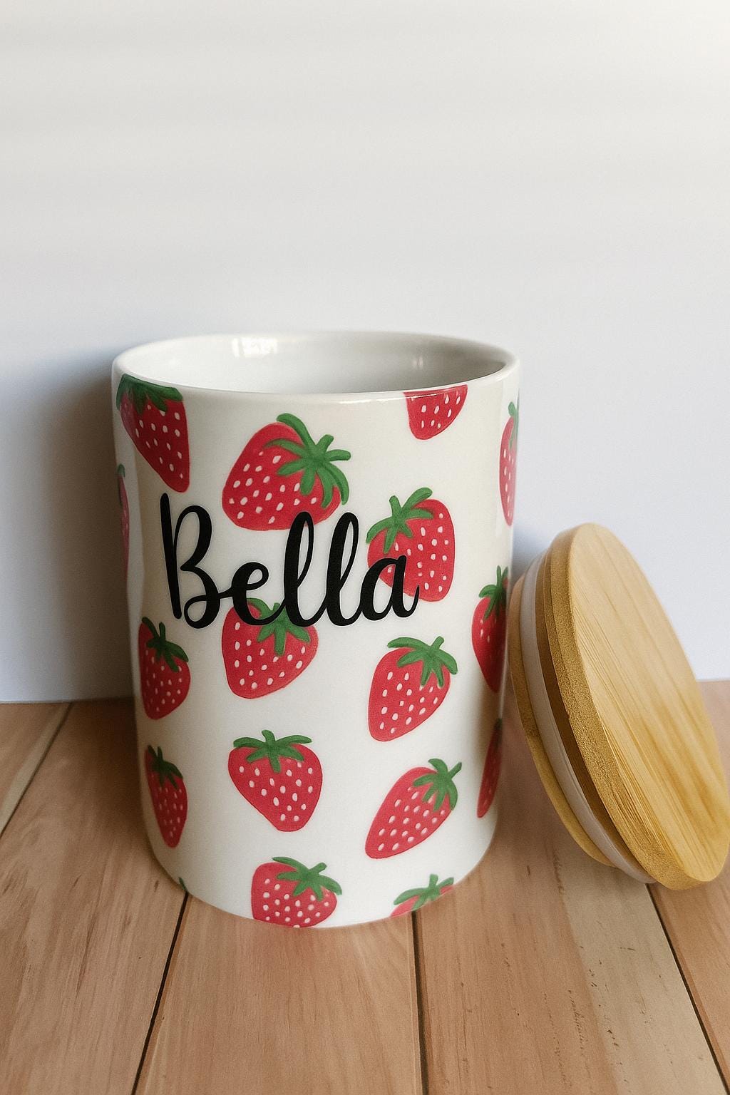 Personalized Hand-Painted Strawberry Pet Treat Jar | Small Ceramic Dog or Cat Food Storage, Custom Name Gift for Pet Lover