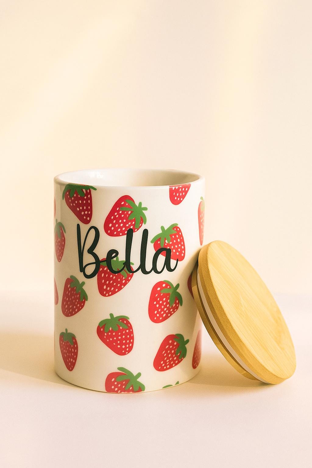 Small Personalized Strawberry Dog Treat Jar | Hand-Painted Ceramic Pet Treat Canister, Custom Pet Gift