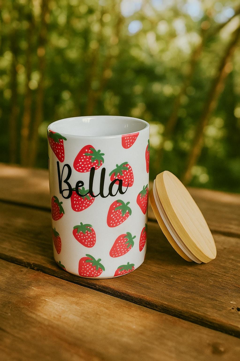 Small Personalized Strawberry Dog Treat Jar | Hand-Painted Ceramic Pet Treat Canister, Custom Pet Gift