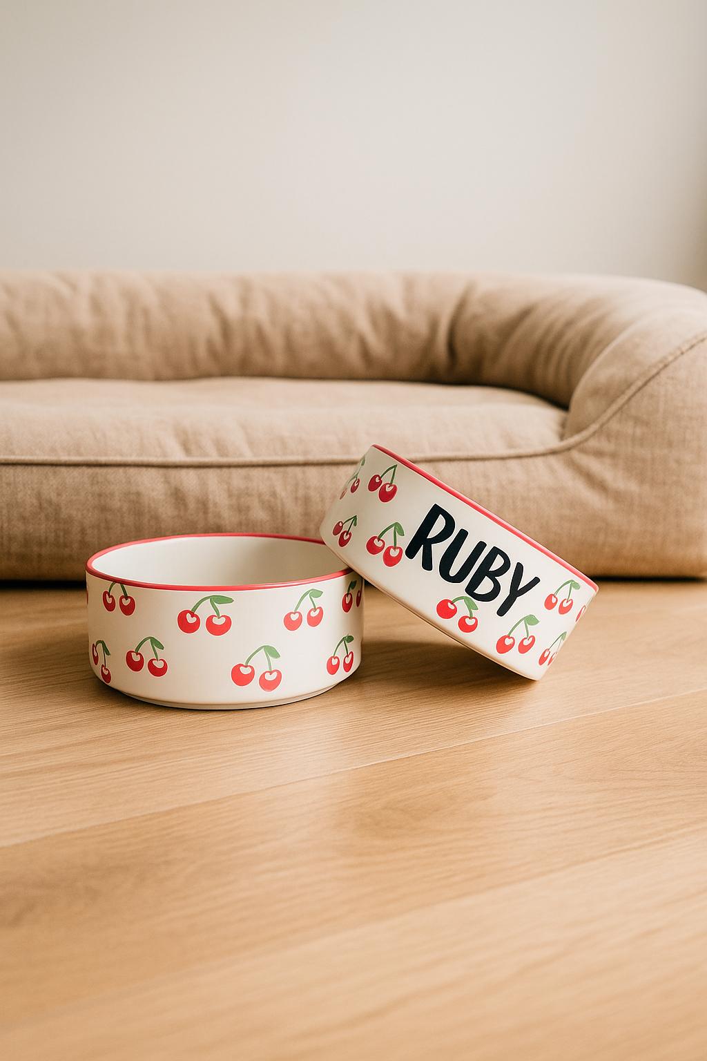 Personalized Hand-Painted Ceramic Pet Bowl Set: Cherry Design