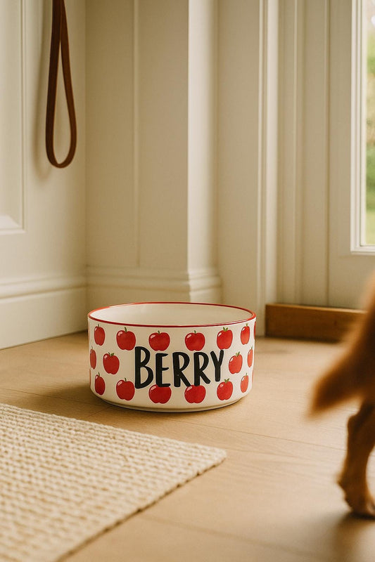 Personalized Apple Pet Bowl: Hand-Painted Ceramic Food or Water Dish