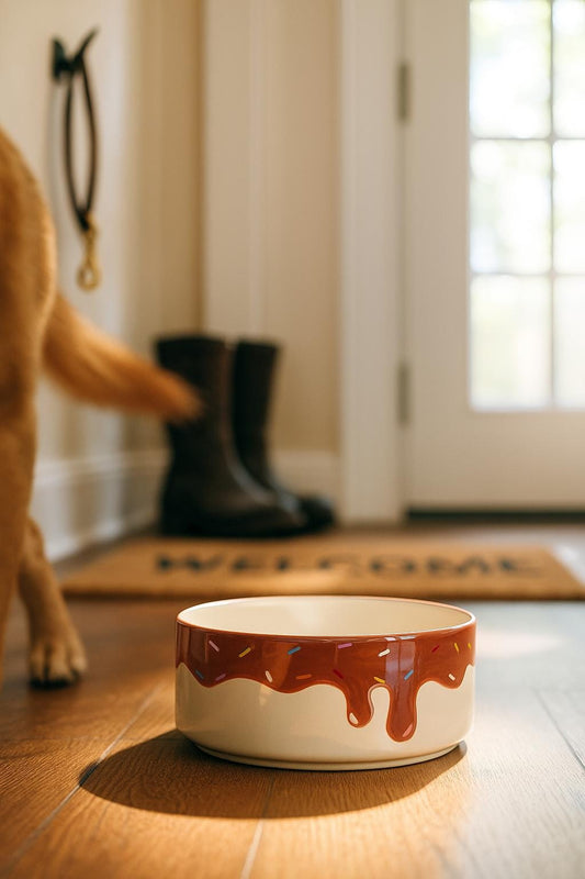 Hand-Painted Donut Dog Bowl with Sprinkles | Ceramic Food & Water Dish | Fun Pet Feeding Bowl
