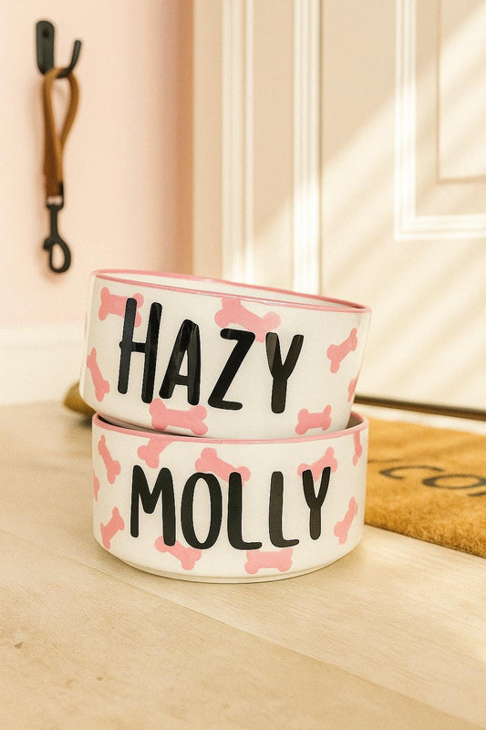 Personalized Pink Dog Bone Pet Bowl Set: Hand-Painted Ceramic Food & Water Dish