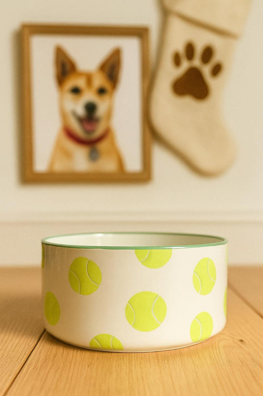 Hand-Painted Tennis Ball Dog Bowl | Ceramic Food & Water Dish | Fun Pet Feeding Bowl