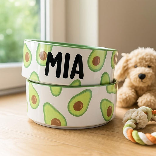 Personalized Avocado Pet Bowl Set: Hand-Painted Ceramic Food & Water Dish