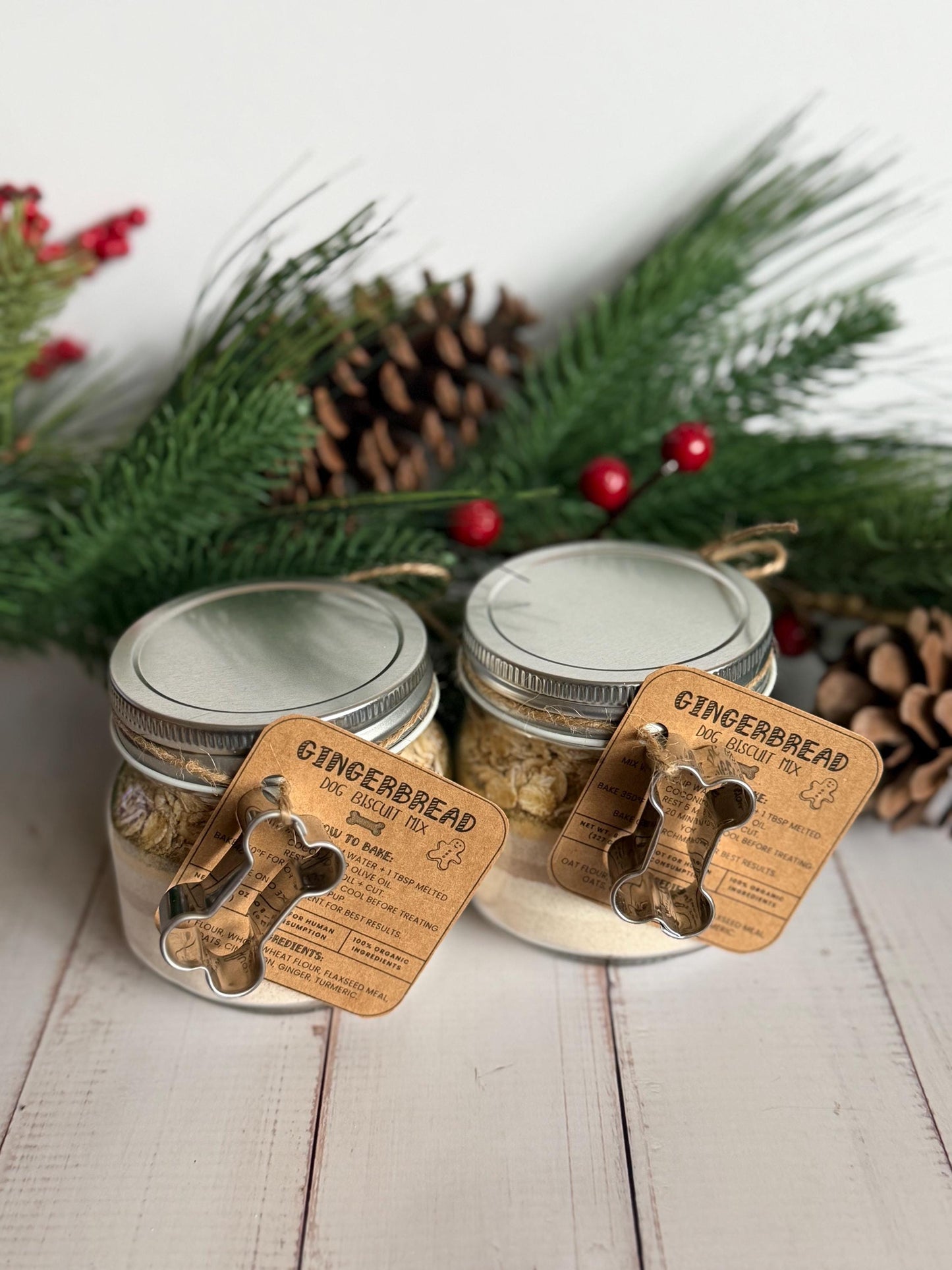 Gingerbread DIY Dog Biscuit Mix | TWO Bake Your Own Dog Cookies | Jar Mix Set of Two with Cookie Cutter | Holiday Dog Treat Gift