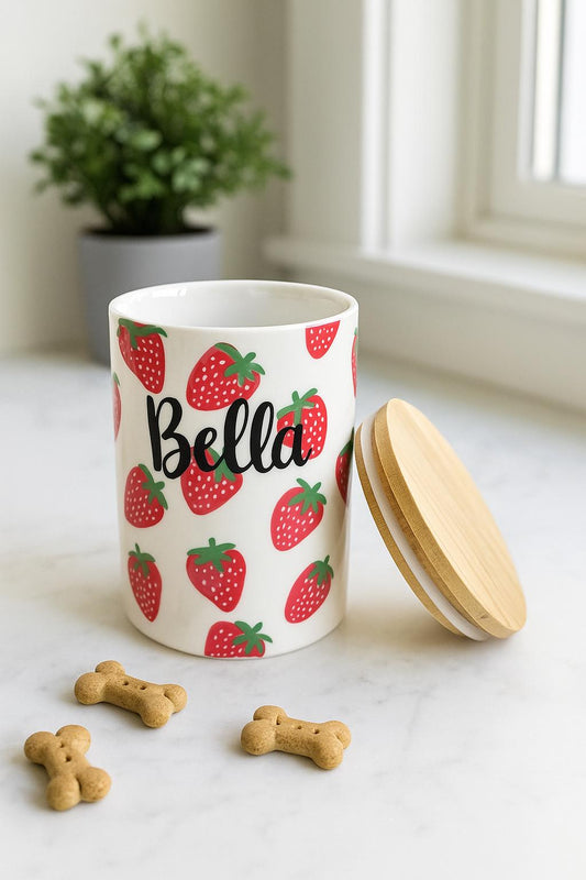 Personalized Hand-Painted Strawberry Pet Treat Jar | Small Ceramic Dog or Cat Food Storage, Custom Name Gift for Pet Lover