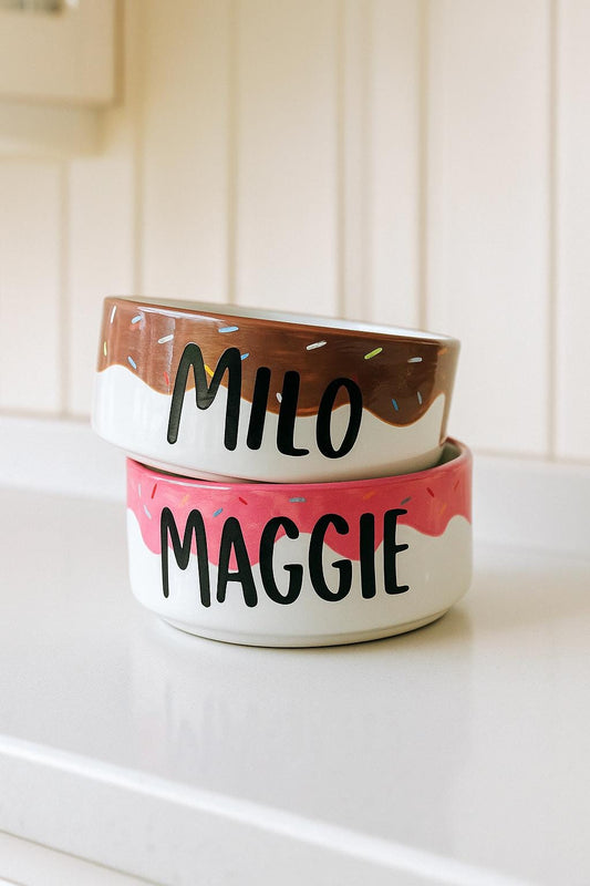 Personalized Donut with Sprinkles Pet Bowl | Hand-Painted Ceramic Food & Water Dish | Custom Dog Bowl