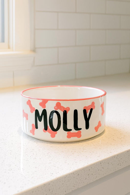 Personalized Pink Bone Dog Bowl | Hand-Painted Ceramic Pet Bowl | Custom Food & Water Dish for Dogs