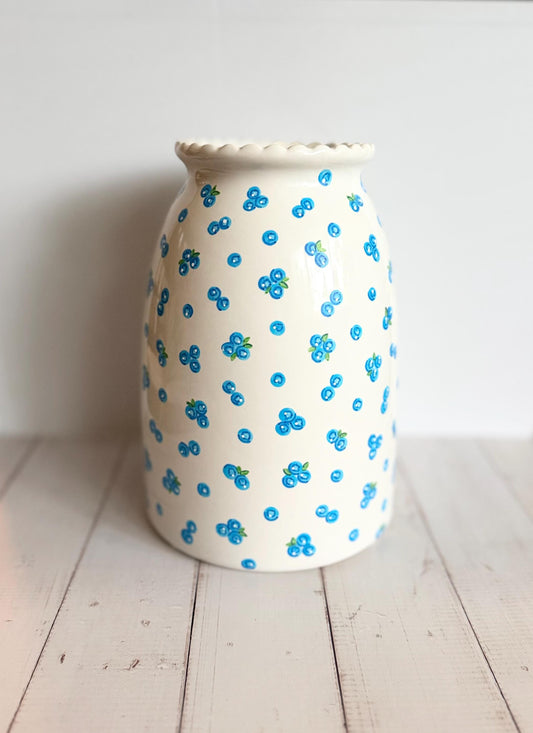 Hand Painted Blueberry Vase | Ceramic Flower Vase | Resin-Coated Modern White Vase | Cottagecore Home Decor