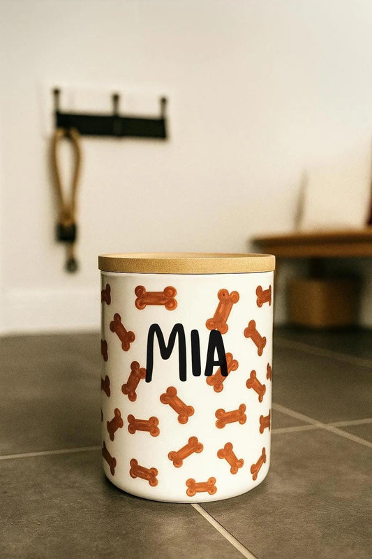 Personalized Large Hand-Painted Brown Dog Bone Ceramic Dog Treat Jar | Modern, Aesthetic Dog Treat Storage | Glazed in Resin