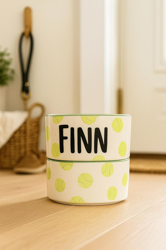 Hand-Painted Tennis Ball Dog Bowl Set | Custom Ceramic Pet Bowls, Glazed & Personalized
