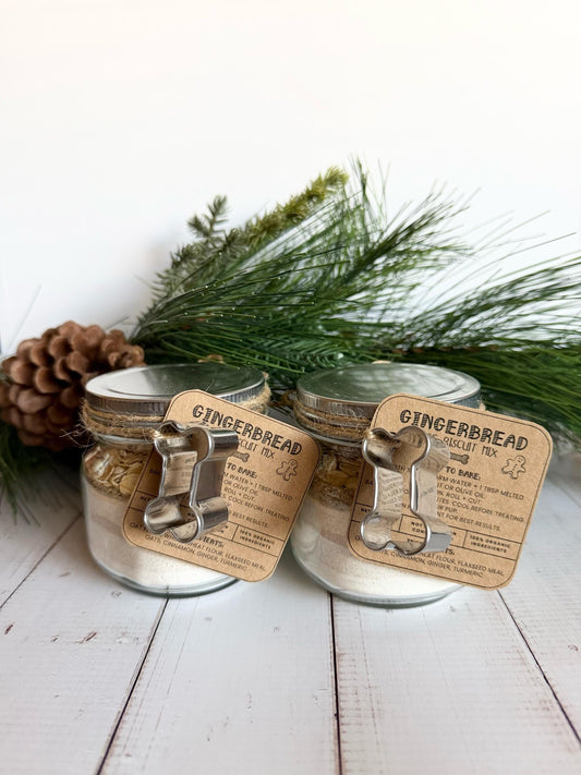 Gingerbread DIY Dog Biscuit Mix | TWO Bake Your Own Dog Cookies | Jar Mix Set of Two with Cookie Cutter | Holiday Dog Treat Gift