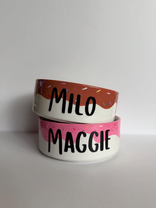Cute Donut-Themed Dog Bowl Set | Hand-Painted Ceramic Pet Dish with Sprinkles | Personalized Pet Gift Glazed in Resin