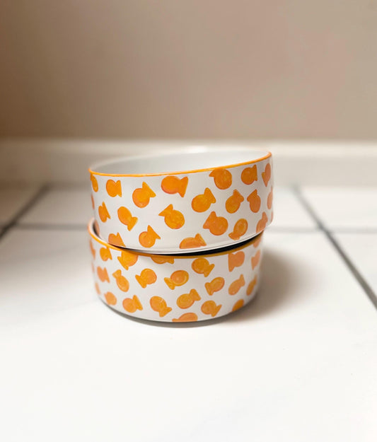 Gold Fish Hand Painted Cat Bowls, Set of Two Bowls for Kittens, Small Bowls with Orange Fish, Gift for Cat Lovers