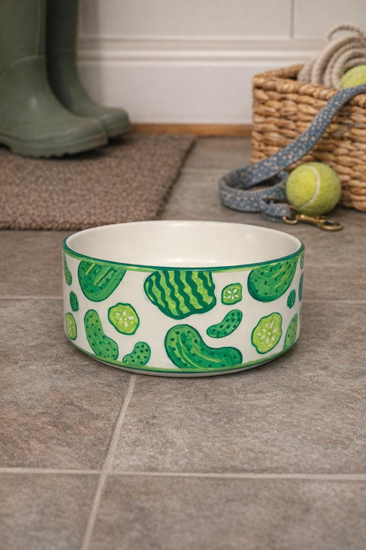 Hand Painted Pickle Dog Bowl, Custom Ceramic Pet Bowl, Green Pickle Pattern, Cute Dog Feeding Bowl, Gift for Dog Lovers