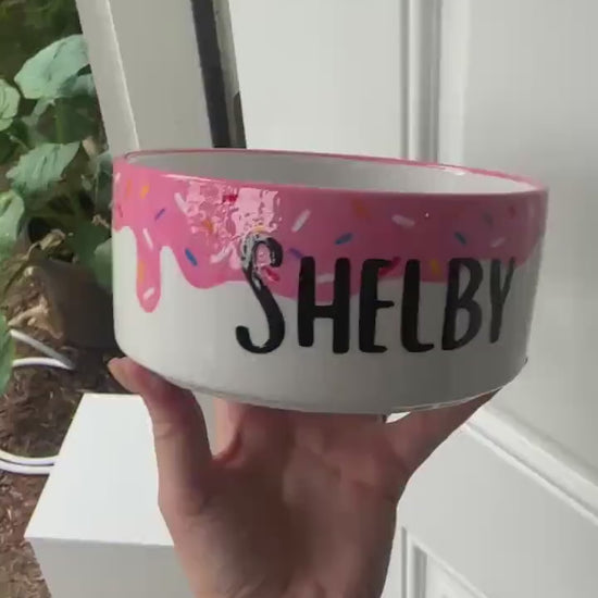 Personalized Donut Pet Bowl: Hand-Painted Ceramic Food or Water Dish