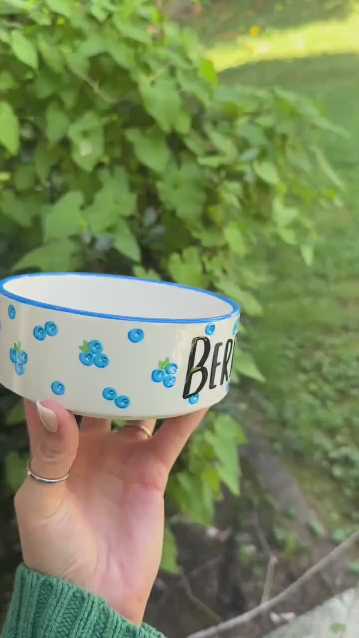 Personalized & Hand-Painted Ceramic Pet Bowl: Blueberry Design