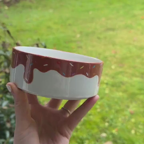 Hand-Painted Donut Dog Bowl with Sprinkles | Ceramic Food & Water Dish | Fun Pet Feeding Bowl