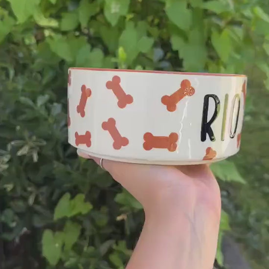 Personalized & Hand-Painted Brown Dog Bone Bowl: Hand-Painted Ceramic Food and Water Dish