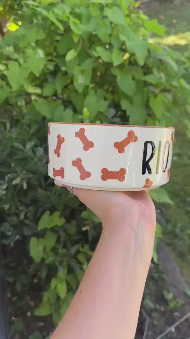 Personalized & Hand-Painted Brown Dog Bone Bowl: Hand-Painted Ceramic Food and Water Dish